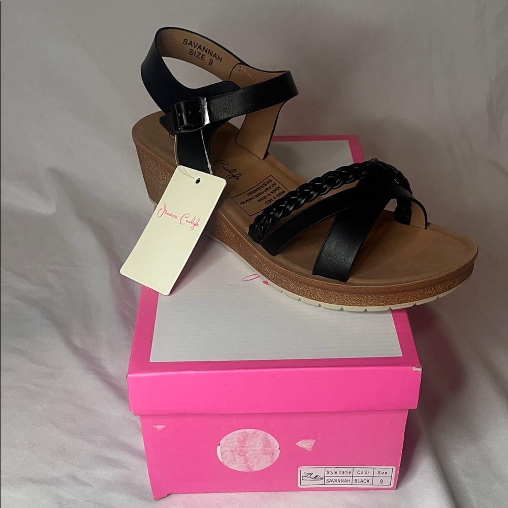 Savannah Black and Tan Wedge Sandals